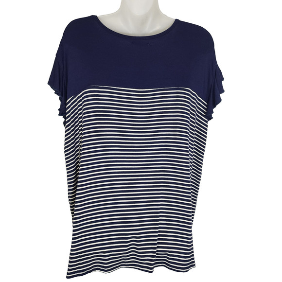Maurices Womens Blue Striped Top Size XL Short Flutter Sleeve Colorblock Relaxed - Picture 2 of 10